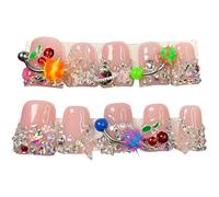 10 Pcs Pink Duck Press On Nails, M Size Handmade Fake Nails for Women, with 3D Cherry Rhinestone, Acrylic Nail Set, Sweet Pink Style