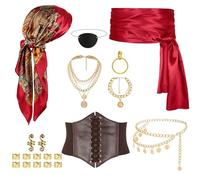 10 Pcs Pirate Costume Accessories for Women with Head Scarf Wrap Pirate Corset Eye Patch Necklace Sash Chain Belt