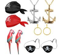 10 Pcs Pirate Costume Accessories Set Include Pirate's Headscarf, Eye Patches, Earrings, Necklace and Inflatable Parrot, for Kids and Adults, Perfect for Pirate Themed Parties and Role Play