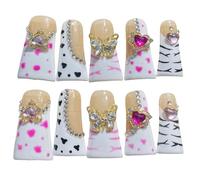 10 PCS Press On Nails, Duck Bill French Tip False Nails Set with Pink Hearts and Rhinestone Crystal Decorations, Elegant Butterfly Handmade Artificial Nail Extensions, Fake Nail Tips
