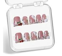 10 Pcs Press Ons, Acrylic Nails, Stick On Nails For Women With Luxury 3D Cherry, Pearl & Rhinestone Designs for Girls, Fans for Parties, Weddings, Holidays (Pink)