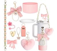 10 PCS Purple Cup Accessories for Stanley Cup Including Handle Strap Bottle Cover Silicone Straw Cover Boot Butterfly Pearl Keychain Lipstick Set Stanley-Charms for Stanley Cup 40 oz/30 oz (Pink)