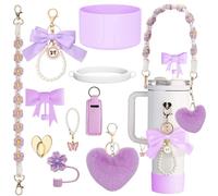 10 PCS Purple Cup Accessories for Stanley Cup Including Handle Strap Bottle Cover Silicone Straw Cover Boot Butterfly Pearl Keychain Lipstick Set Stanley-Charms for Stanley Cup 40 oz/30 oz (Purple)