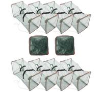 10 Pcs Rectangular Foldable Fish Cage Mesh Net for Crab and Shrimp | Nylon and Steel Build, Red Finish, Large Capacity for Aquaculture and Fishing, Set Random Color