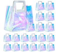 10 Pcs Reusable Holographic Medium Gift Bags with Handle 11''x9.8''x5.7'' Iridescent Bachelorette Party Favor Bags Clear PVC Tote Goodie Bags for Shopping, Picnics, Baby Showers, Weddings, Holidays
