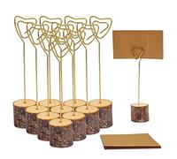10 Pcs Rustic Wood Place Card Holders and 10 Pcs Kraft Place Cards, Wooden Table Number Holder Stand Photo Picture Note Clip Holders for Wedding Party Name Sign(Gold Heart Wire)