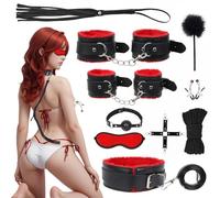 10 PCS Sex Bondage BDSM Kits Restraints, Fetish Handcuffs Ankle Cuff Collar Blindfold Whip Rope Nipple Clamps Paddle Anal Toys Ball Gag Adult Games Foreplay Sexy Toys for Couples (Red)