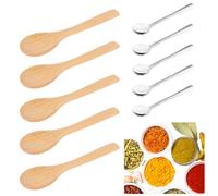 10 PCS Small Spoons for Spices Jars, 7.5cm Tiny Stainless Steel Spoons for Salt,Sugar,Honey,Coffee,Dessert, Small Condiment Spoon for Jars Kitchen & Party Use (5 Stainless Steel, 5 Wood)