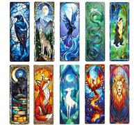 10 Pcs Stained Glass Fantasy Animal Bookmarks - Transparent PVC Book Marks Set with Raven Wolf Fox Phoenix Lion Designs, Artistic Book Accessories for Readers