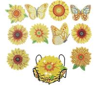 10 Pcs Sunflower Diamond Painting Coasters Kits with Holder,5D DIY Diamond Art Coasters,Round Drill Arts and Crafts for Kids Adults Beginner,Non Slip Coaster Crafts for Tabletop Protection,Home Decor