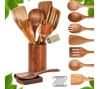 10 PCS Teak Wooden Spoons for Cooking, Kitchen Utensil Set with Holder & Spoon Rest and Hanging Hooks, Wooden Utensils for Cook Set, Durable Woode Nonstick Spatula for Pans and All Kind of Cooking
