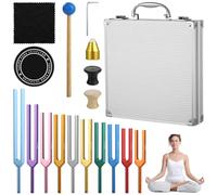 10 Pcs Tuning Fork Set with Mallet, Bases and Box, Multi-Color Chakra Tuning Forks with Aluminum Alloy Case, Tuning Forks for Sound Therapy Yoga Meditation Healing