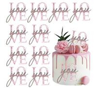 10 Pcs Valentines Day Cake Toppers Love You Acrylic Cupcake Topper Cake Decoration for Valentine's Day Wedding Anniversary Mother's Day Party Desserts Decor Supplies (Glitter Pink and Silver)