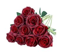 10 Pcs Wine Red Rose Artificial Flower, Faux Silk Flowers With Long Stems, Fake Roses Bulk Bouquet for Decoration Valentine's Day Centerpieces Proposal Bridal Bouquets Shower Party Home Floral Decor