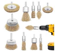 10 Pcs Wire Brush Set for Drills, Brass Coated Wire Brushes for Drills & Cup Brush, 1/4 Inch(6.35mm) Shank Wire Wheel for Drill Attachment to Remove Rust Corrosion Paint, 8 Sizes, Gold