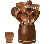 10 Pcs Wooden Spoons for Cooking, Cooking Utensils Set with Utensil Holder, Wooden Utensil Set Non-Stick, Teak Wood Nonstick Kitchen Cookware, Kitchen Utensils Set Gift for Chefs & Home