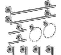 10-Piece Bathroom Accessory Set, 2 Towel Bars, 2 Toilet Paper Holders, 2 Rings, 4 Hooks, Polished Stainless Steel, Screw Mount