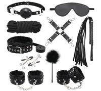 10 Piece BDSM Bondage Restraints Set,Strong Durable Black Leather with Plush Lining, Includes Cuffs, Ball Gag, Blindfold, Whip, Rope, Nipple Clamps, Cross Strap for Couples Unisex Sex Toys