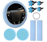10-Piece Car Interior Set with Steering Wheel Cover for 2 Seat Belt Pads, 4 Ventilation Nozzle Clips, Ignition Key Ring and Leather Underlays with Rhinestones (Blue)