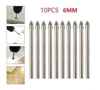 10-Piece Carbide Tile and Glass Drill Bit Set, 6 mm Tip Size, 71 mm Length, 4.5 mm Shank Diameter, for Ceramic, Granite, and Hardened Glass Drilling