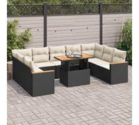 10 Piece Garden Sofa Set with Cushions Black Poly Rattan Acacia