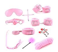 10 Piece Light Pink Bondage Kit for Begginers, BDSM Restraint Kit with Pink Ball Gag, Hand and Ankle Cuffs with Hogtie, Bell Nipple Clamps, Whip, Tickler and Rope