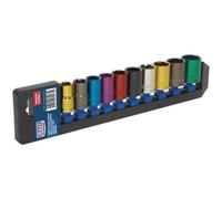 10 PACK Multi Colour Socket Set 1/2" Metric Square Drive - 6 Pt WallDrive Torque