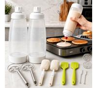 10-Piece Pancake Dispenser Bottle Set, Super Large Leakproof 33oz Squeeze Bottles for Pancake Batter and Protein Shakes with 2 Whisk Balls 2 Danish Dough Whisks 2 Spatulas and 2 Cleaning Brushes