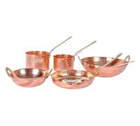 10 Piece Pure Copper Saucepan Set with Serving Spoon (Set Kadhai) - Frying Pan with Brass Handle for Cooking