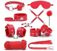 10 Piece Red Bondage Kit for Begginers, BDSM Restraint Kit with Pink Ball Gag, Hand and Ankle Cuffs with Hogtie, Bell Nipple Clamps, Whip, Tickler and Rope