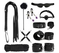 10 Piece Restraint Handcuff Set - BDSM Bondage Kit, Includes Handcuffs Collars Whip Gags Blindfolds Nipple Clamps Ropes for Adult Games, Comfortable PU Leather Plush, Lover Gifts