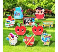 10-Piece Set Back to School Yard Signs with Stakes, Assorted Apple, Owl, and School Bus Designs for Outdoor Garden and Lawn Decoration, 11.7 x 11.8 Inches Plastic Signs for Welcome School Party Favor