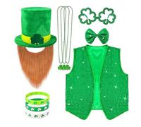 10-Piece St Patrick's Day Costume Set - Leprechaun Hat with Beard, Sequin Bow Tie & Vest | Complete Party Outfit for Adults & Kids (Green/Gold)