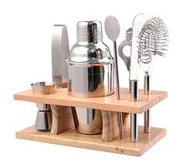 10 Piece Stainless Steel Bar Tool Set with Wooden Display Stand - Includes Cocktail Shaker Filter & Cap, Strainer, Fruit Knife, Ice Tongs, Beer & Wine Bottle Opener, Muddler, Dual Measure Jigger