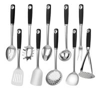 10 Piece Stainless Steel Cooking Utensils Set - 18/0 Heavy Duty Kitchen Tools for Grilling & Serving, Includes Slotted Spatula, Soup Ladle, Thin Metal Turner & More, Heat Resistant, Dishwasher Safe