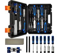 10-Piece Wood Chisel Set, Bevel Edge Wood Carving Chisel, Soft Grip with Strike Cap Set for Woodworking, Cr-V Construction Heavy Duty Chisel with Honing Guide, Sharpening Stone, Pencil & Storage Case