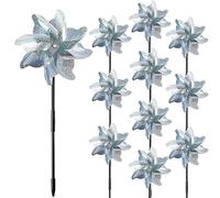 10 Pieces 21 Inches Silver Reflective Pinwheels with Stakes Windmill Wind Spinners Outdoor for Yard Garden Lawn Farm Decor Bird Repellent, Large Plastic Foil Pin Wheels for Birds Animal Deterrent