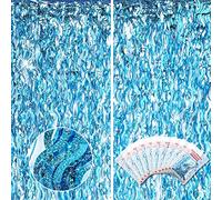 10 Pieces 3.3 x 6.6 Ft Foil Fringe Backdrop Party Wavy Tinsel Fringe Curtain Streamer for Happy New Year Carnival Party Favor 80s 90s Disco Ocean Sea Mermaid Birthday Wedding(Blue)