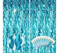 10 Pieces 3.3 x 6.6 Ft Foil Fringe Backdrop Party Wavy Tinsel Fringe Curtain Streamer for Happy New Year Carnival Party Favor 80s 90s Disco Ocean Sea Mermaid Birthday Wedding(Blue Green)
