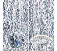 10 Pieces 3.3 x 6.6 Ft Foil Fringe Backdrop Party Wavy Tinsel Fringe Curtain Streamer for Happy New Year Carnival Party Favor 80s 90s Disco Ocean Sea Mermaid Birthday Wedding(Silver)