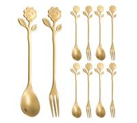 (10 Pieces) 5.2 Inches Stainless Steel Spoon Smiley Face Sunflower Coffee Stirring Spoon Fruit Fork Leaf Spoon Fruit Pick (Gold)