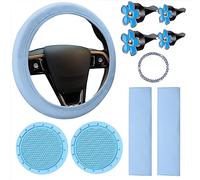 10 Pieces Blue Suit Leather Steering Wheel Cover for Women Cute Car Accessories Set With Seat Belt Pads Extended Edition, Cup Holders, Bling Ring, Vent Clip