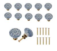 10 Pieces Ceramic Drawer Knobs Set, 34mm Vintage Round Decorative Cabinet Pulls with Mounting Screws, Furniture Hardware, Easy Installation Ceramic Cupboard Door Knobs for Cabinets, Wardrobes, Blue