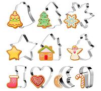 10 Pieces Christmas Cookie Cutters Set Xmas Biscuit Cutters Shapes of Christmas Tree, Star, Bell, Elk, Snowflake & More for Fondant Cookie DIY Baking