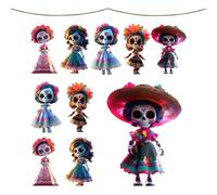 10 Pieces Dia De Muertos Decoration, Day of The Dead Mexican Creepy Ghost Doll Pendant with 16ft Rope, 2D Gothic Acrylic Punk Skull Doll Hanging Ornaments for Indoor and Outdoor Parties, Home, Offices
