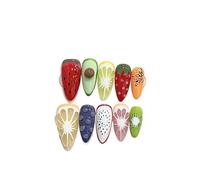 10 Pieces Fresh False Nails Cute Long Almond Dragon Fruit Lemon Decoration Handmade Cartoon False Nails Press-On Round Tips(L-01)
