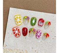 10 Pieces Fresh False Nails Cute Long Almond Dragon Fruit Lemon Decoration Handmade Cartoon False Nails Press-On Round Tips(M-02)