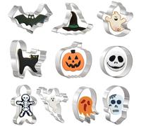 10 Pieces Halloween Biscuit Cutters Set for Baking - Ghost,Bat,Gingerbread Man,Cat,Pumpkin,Skull,Round and Witch's Hat Shape Stainless Steel Cookie Cutter