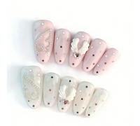 10 Pieces Handmade Almond Press On Fake Nails With Pink And White Star Shaped Wings Suitable For Women For Girls(S)