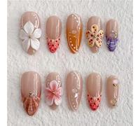 10 Pieces Handmade Long Almond Press-On Nail Art Party Cute French Flower False Nails 3D Pink False Nails with Nail File(S)